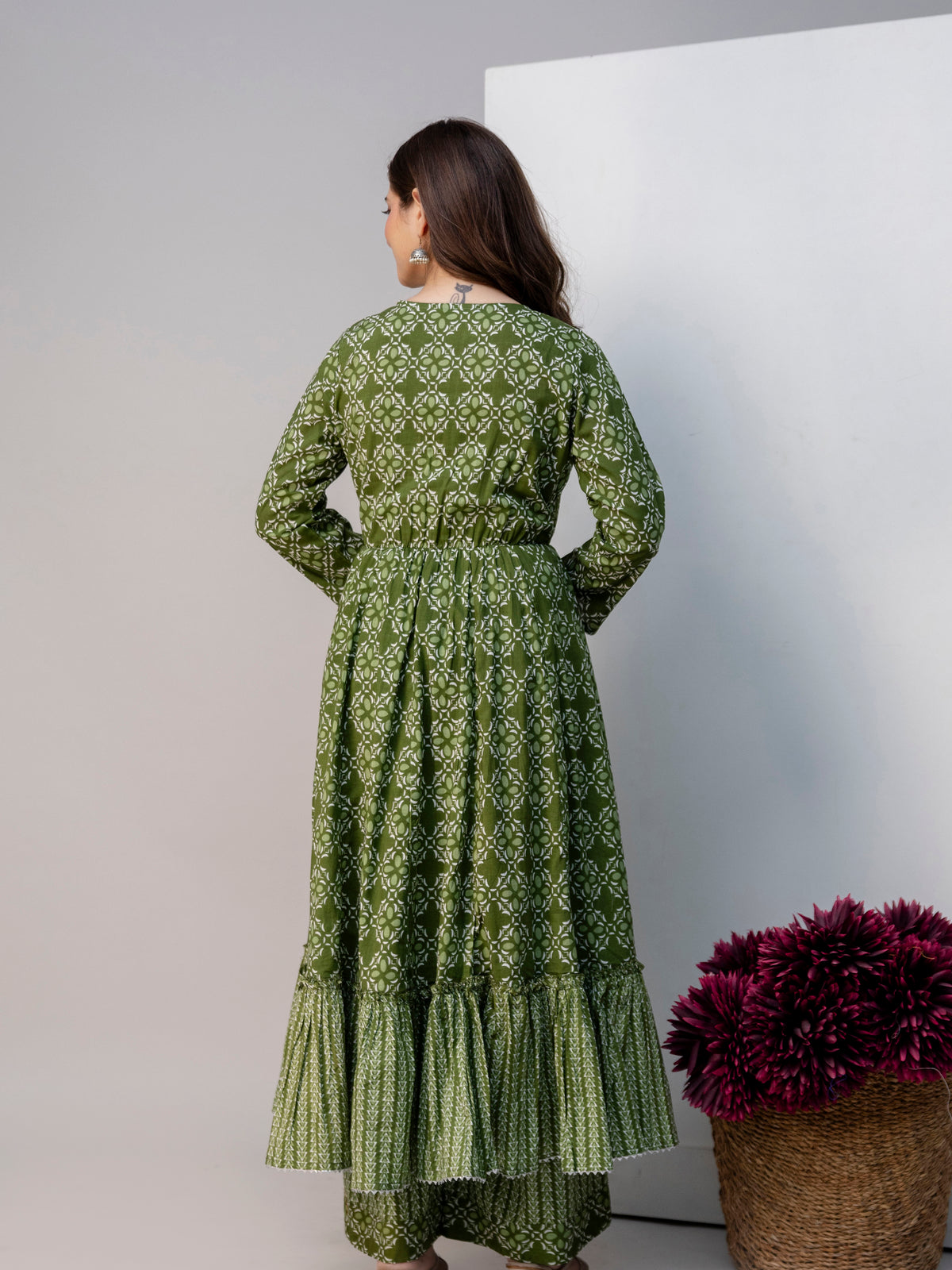 Women Green Floral Print Cotton Anarkali Kurta Palazzo Set with Dupatta