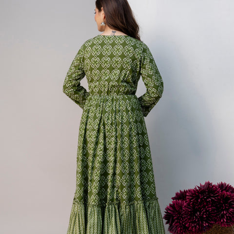 Women Green Floral Print Cotton Anarkali Kurta Palazzo Set with Dupatta