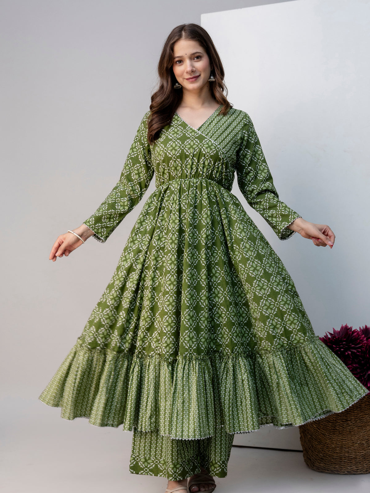 Women Green Floral Print Cotton Anarkali Kurta Palazzo Set with Dupatta