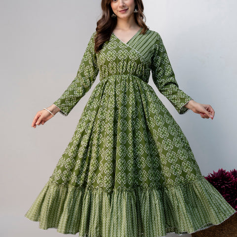 Women Green Floral Print Cotton Anarkali Kurta Palazzo Set with Dupatta