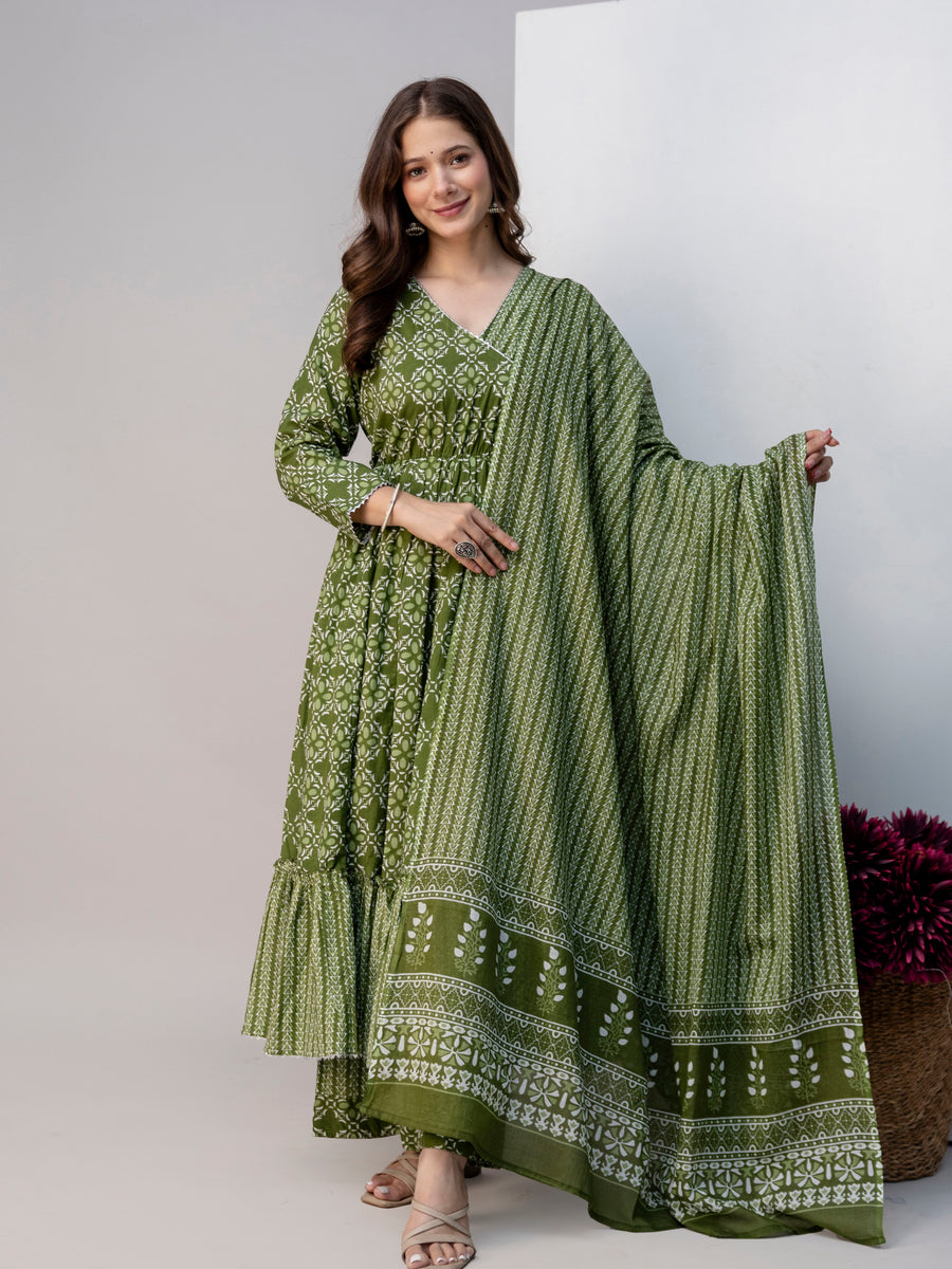Women Green Floral Print Cotton Anarkali Kurta Palazzo Set with Dupatta