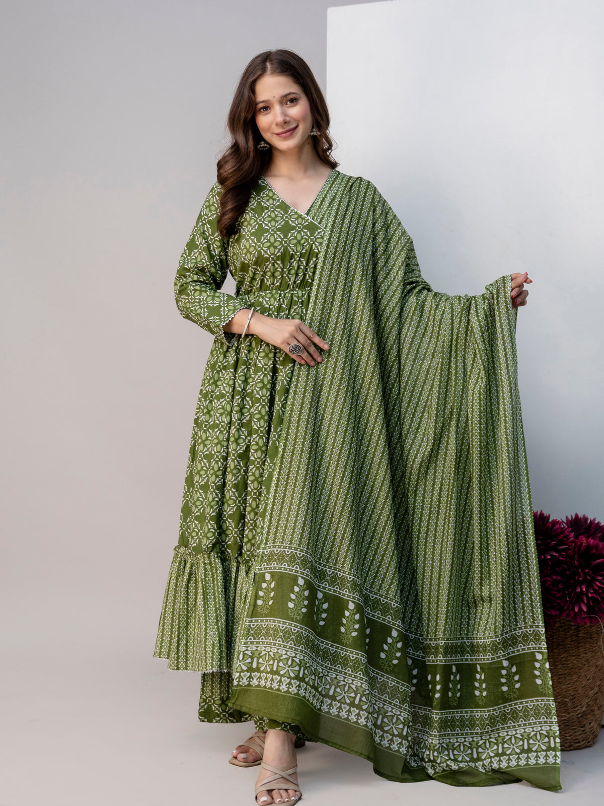 Women Green Floral Print Cotton Anarkali Kurta Palazzo Set with Dupatta