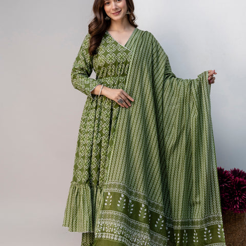 Women Green Floral Print Cotton Anarkali Kurta Palazzo Set with Dupatta