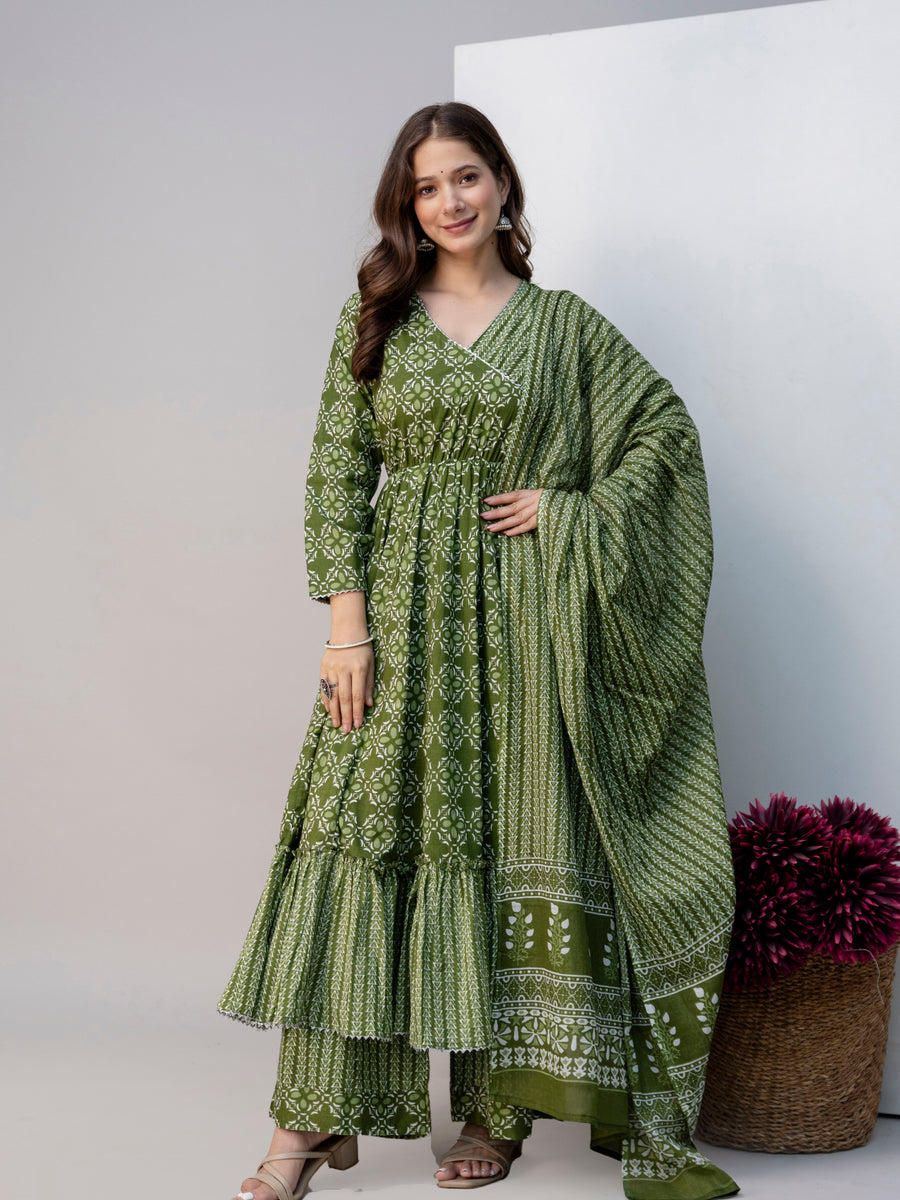 Women Green Floral Print Cotton Anarkali Kurta Palazzo Set with Dupatta