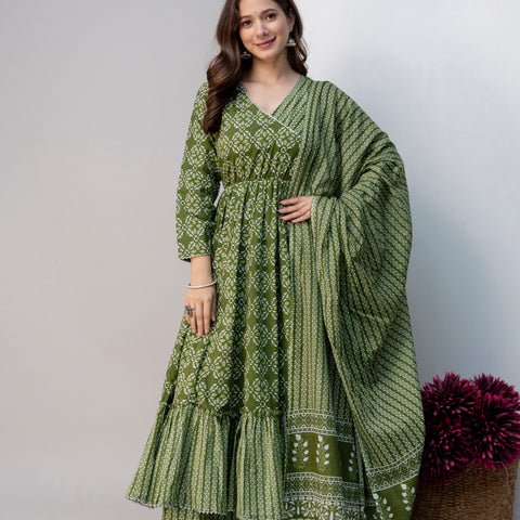 Women Green Floral Print Cotton Anarkali Kurta Palazzo Set with Dupatta