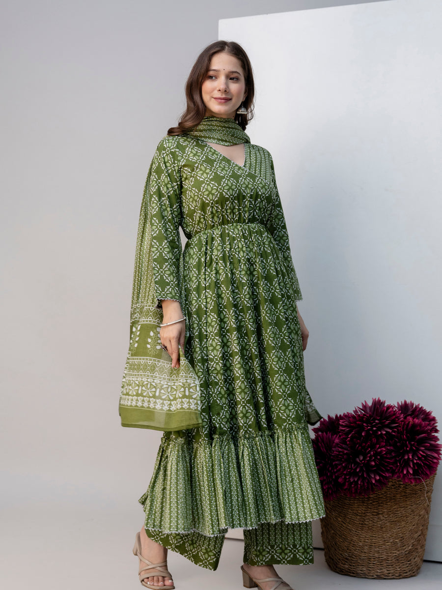 Women Green Floral Print Cotton Anarkali Kurta Palazzo Set with Dupatta