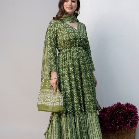 Women Green Floral Print Cotton Anarkali Kurta Palazzo Set with Dupatta