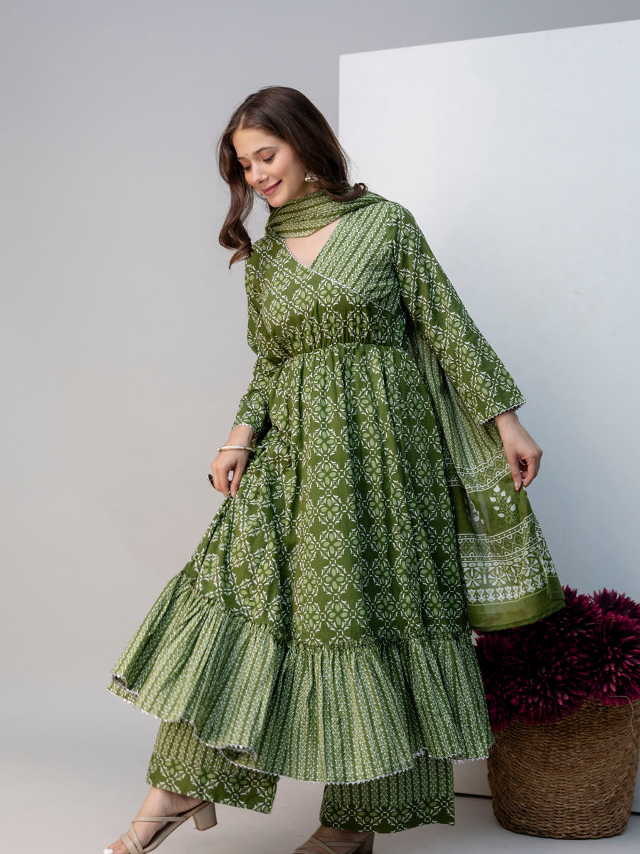 Women Green Floral Print Cotton Anarkali Kurta Palazzo Set with Dupatta
