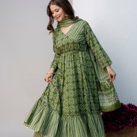 Women Green Floral Print Cotton Anarkali Kurta Palazzo Set with Dupatta