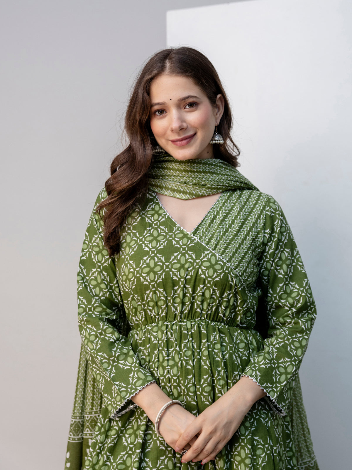 Women Green Floral Print Cotton Anarkali Kurta Palazzo Set with Dupatta