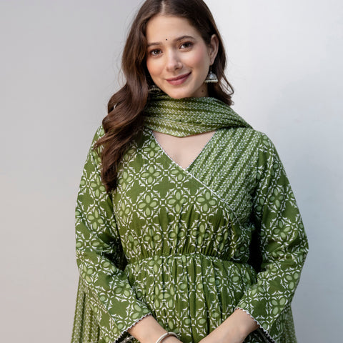 Women Green Floral Print Cotton Anarkali Kurta Palazzo Set with Dupatta