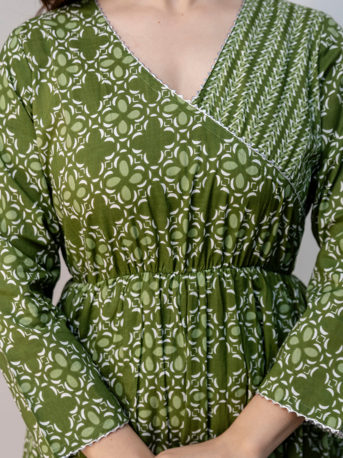 Women Green Floral Print Cotton Anarkali Kurta Palazzo Set with Dupatta