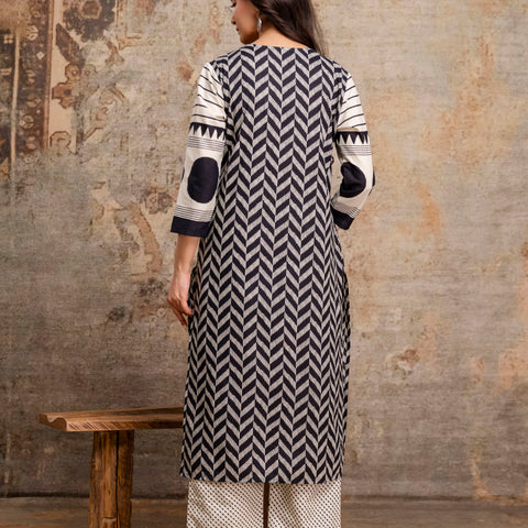 Women White & Black Geometric Print Cotton Kurta Pant Dupatta Set