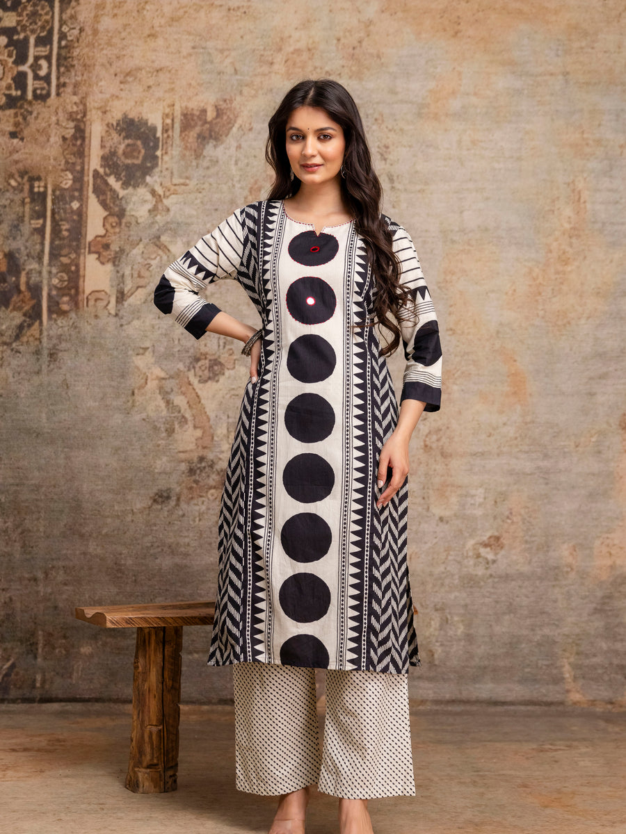 Women White & Black Geometric Print Cotton Kurta Pant Dupatta Set
