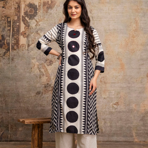 Women White & Black Geometric Print Cotton Kurta Pant Dupatta Set