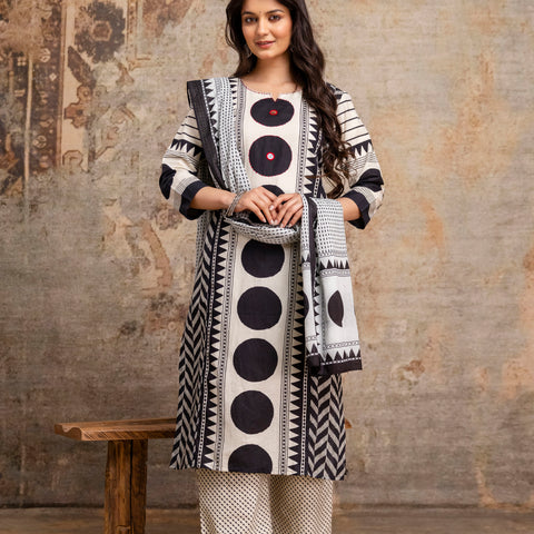 Women White & Black Geometric Print Cotton Kurta Pant Dupatta Set