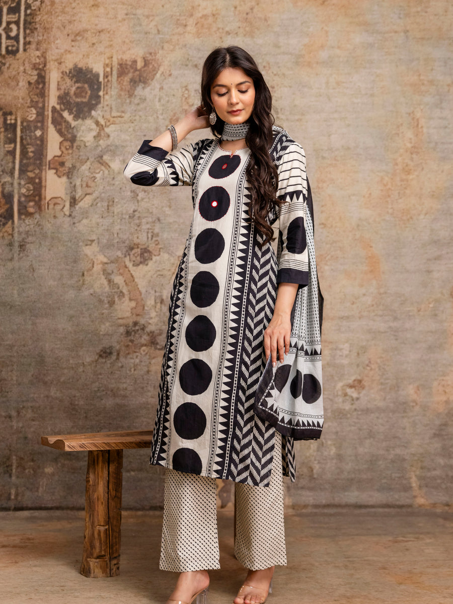 Women White & Black Geometric Print Cotton Kurta Pant Dupatta Set