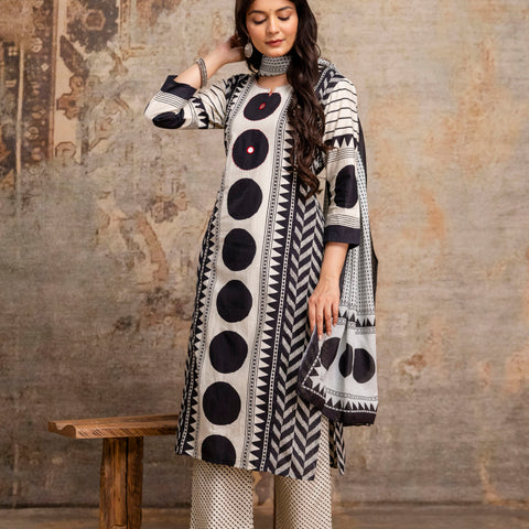 Women White & Black Geometric Print Cotton Kurta Pant Dupatta Set