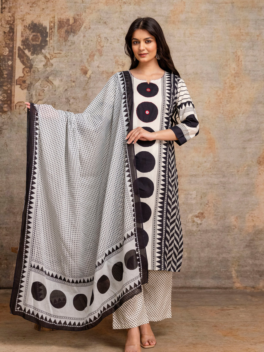Women White & Black Geometric Print Cotton Kurta Pant Dupatta Set