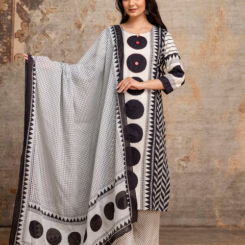 Women White & Black Geometric Print Cotton Kurta Pant Dupatta Set