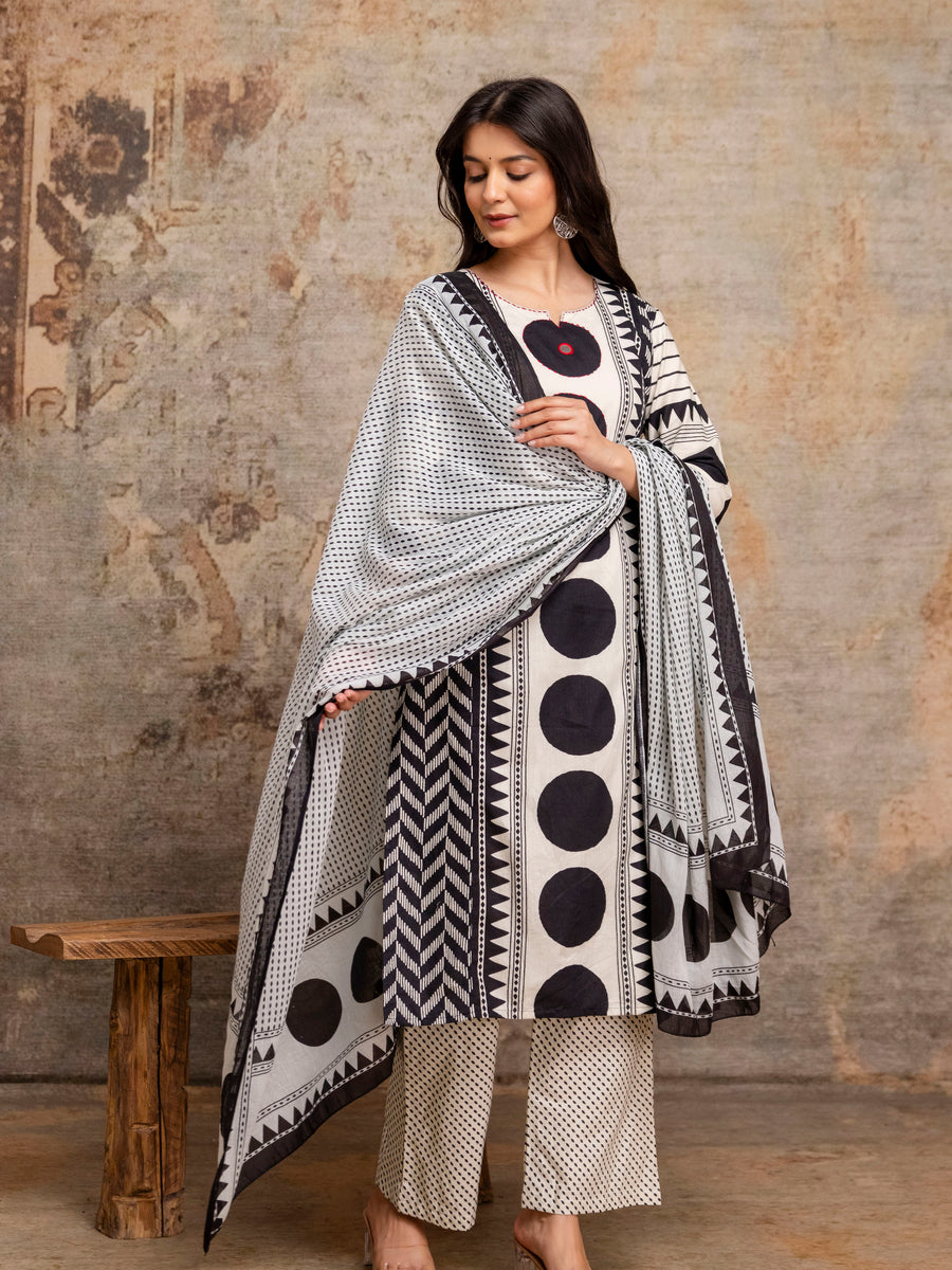 Women White & Black Geometric Print Cotton Kurta Pant Dupatta Set