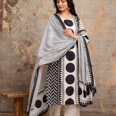 Women White & Black Geometric Print Cotton Kurta Pant Dupatta Set