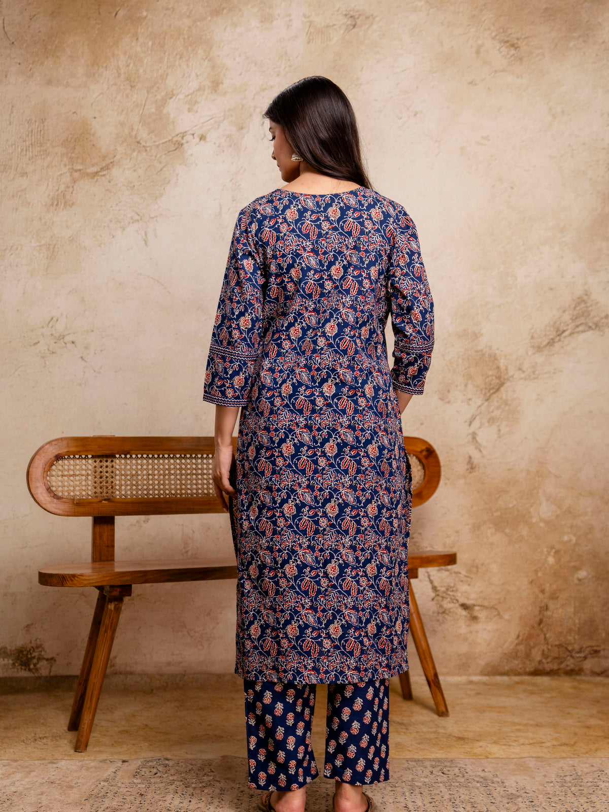 Women Navy Blue Floral Mirror Work Straight Kurta with Pant & Dupatta