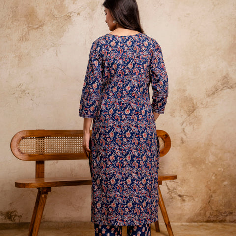 Women Navy Blue Floral Mirror Work Straight Kurta with Pant & Dupatta