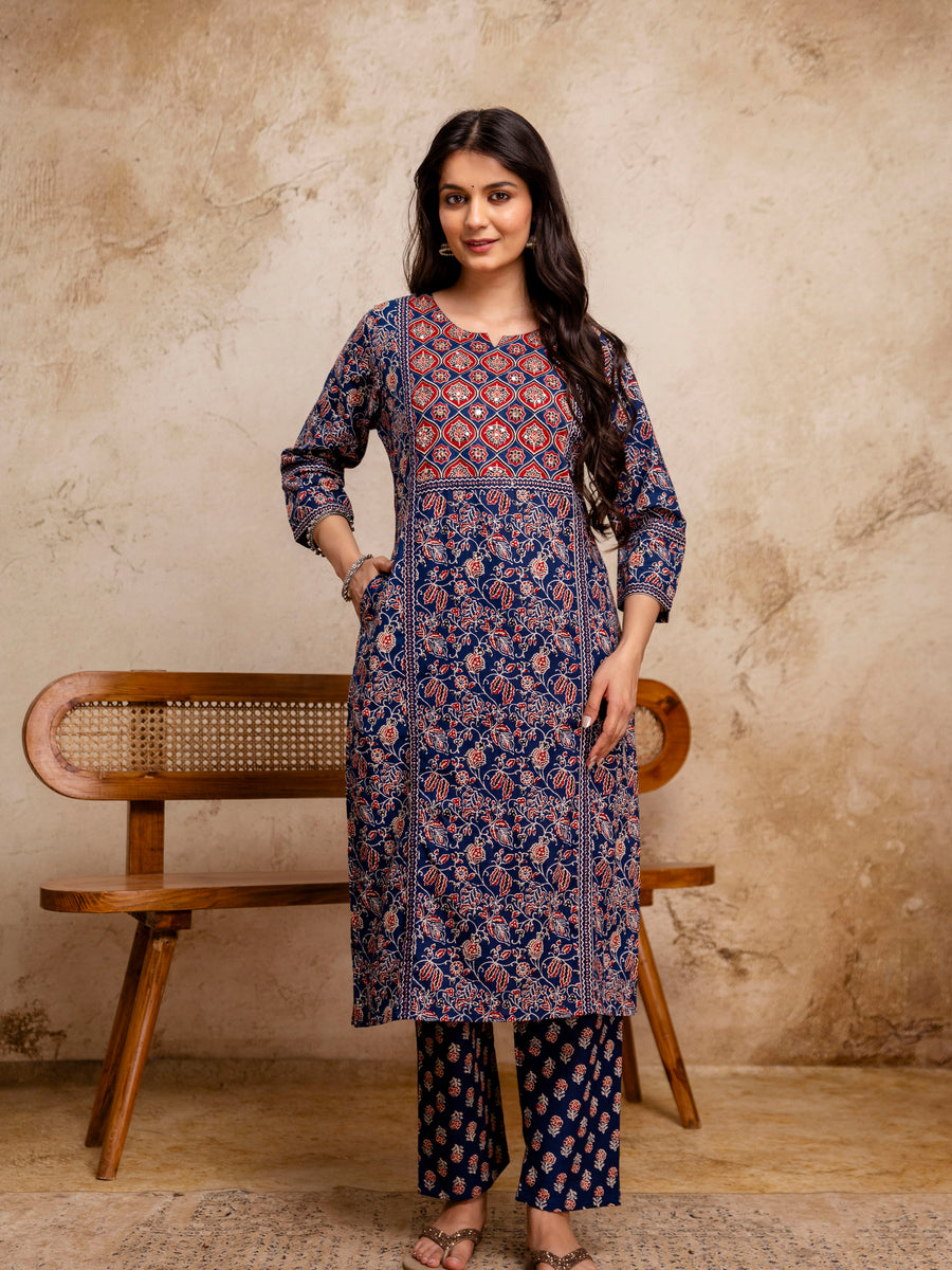 Women Navy Blue Floral Mirror Work Straight Kurta with Pant & Dupatta