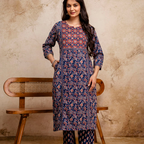 Women Navy Blue Floral Mirror Work Straight Kurta with Pant & Dupatta