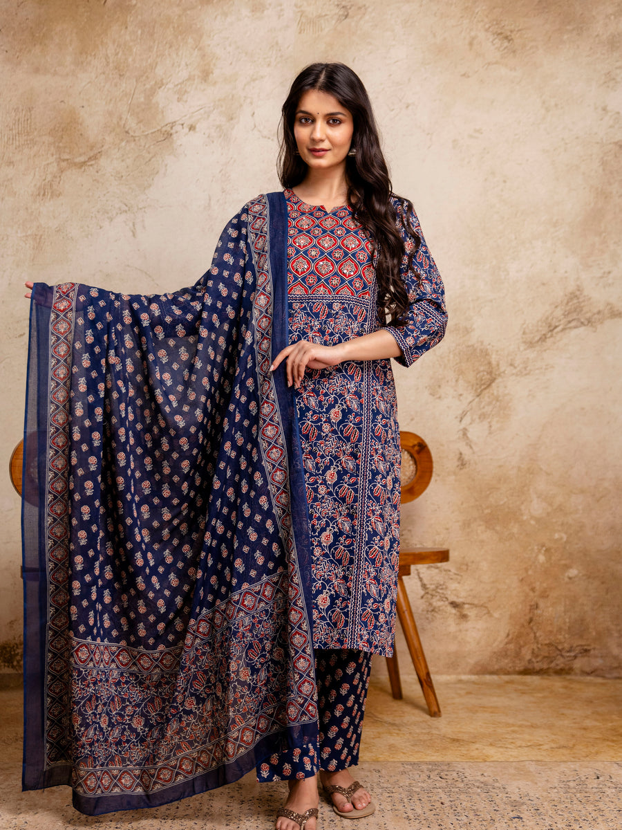 Women Navy Blue Floral Mirror Work Straight Kurta with Pant & Dupatta