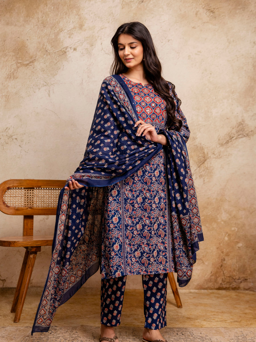 Women Navy Blue Floral Mirror Work Straight Kurta with Pant & Dupatta