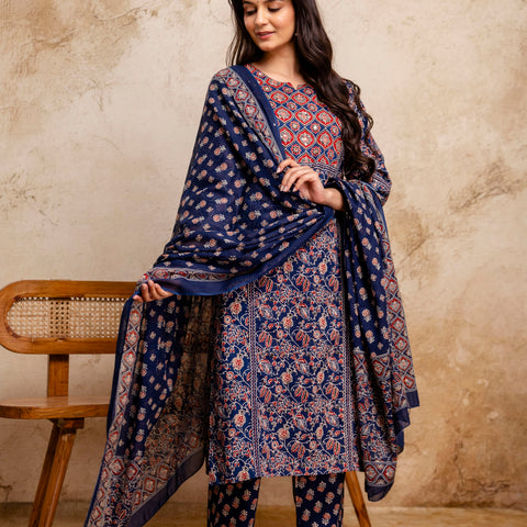 Women Navy Blue Floral Mirror Work Straight Kurta with Pant & Dupatta