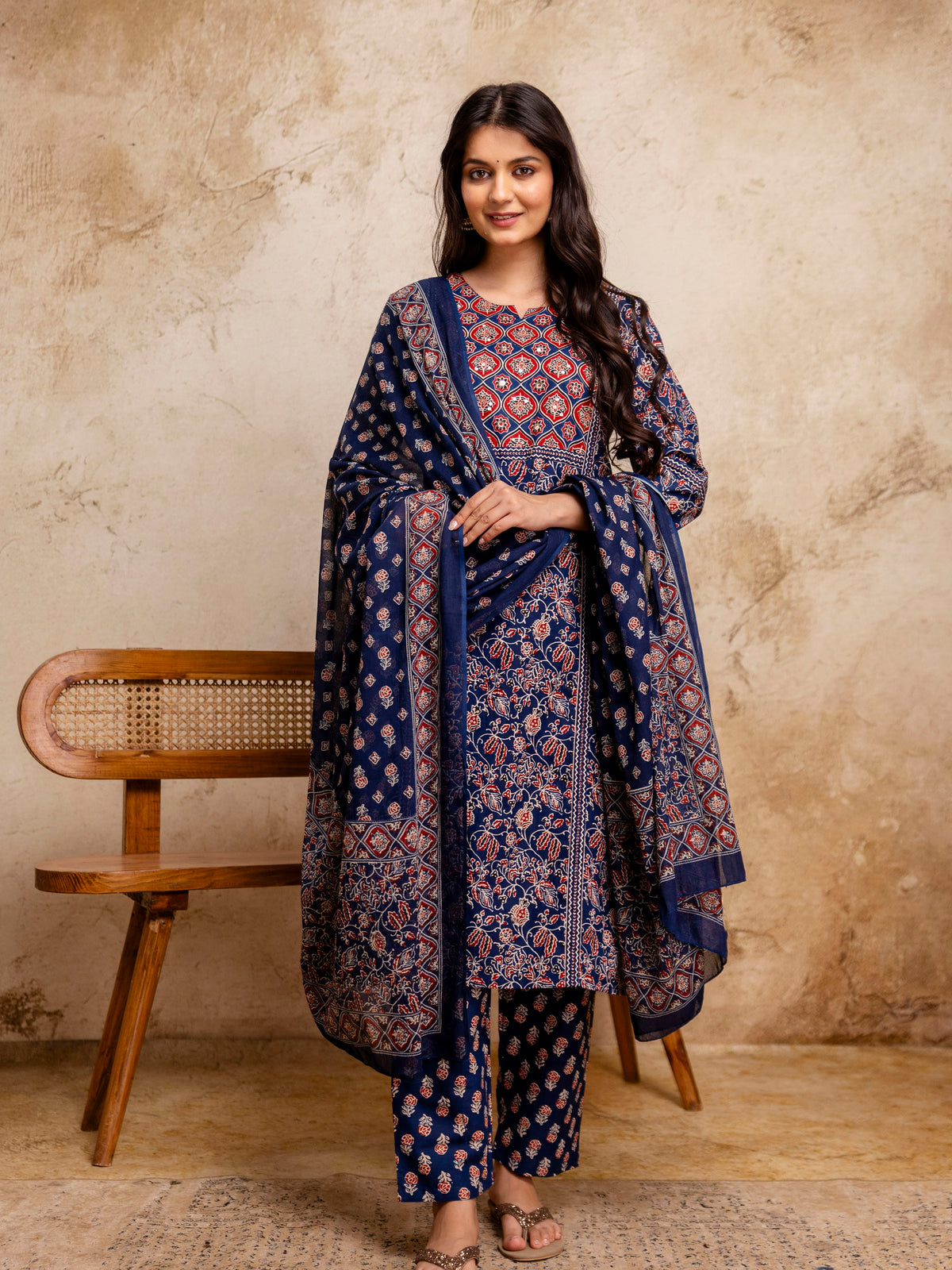 Women Navy Blue Floral Mirror Work Straight Kurta with Pant & Dupatta