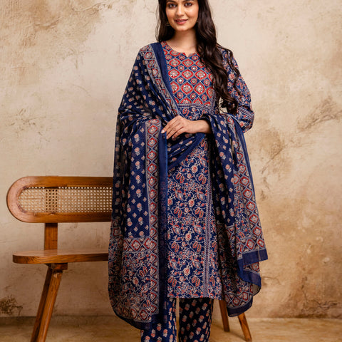 Women Navy Blue Floral Mirror Work Straight Kurta with Pant & Dupatta