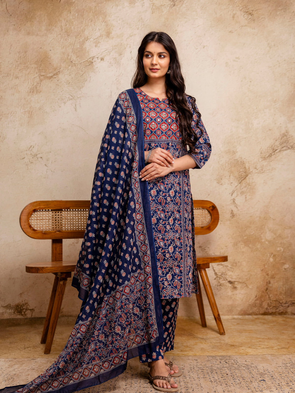 Women Navy Blue Floral Mirror Work Straight Kurta with Pant & Dupatta