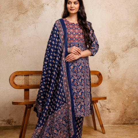 Women Navy Blue Floral Mirror Work Straight Kurta with Pant & Dupatta