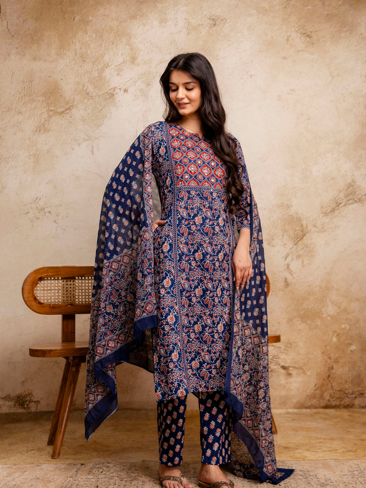 Women Navy Blue Floral Mirror Work Straight Kurta with Pant & Dupatta