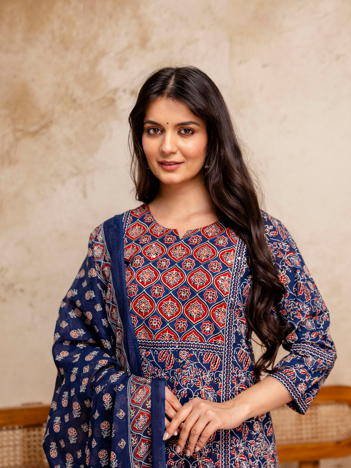 Women Navy Blue Floral Mirror Work Straight Kurta with Pant & Dupatta