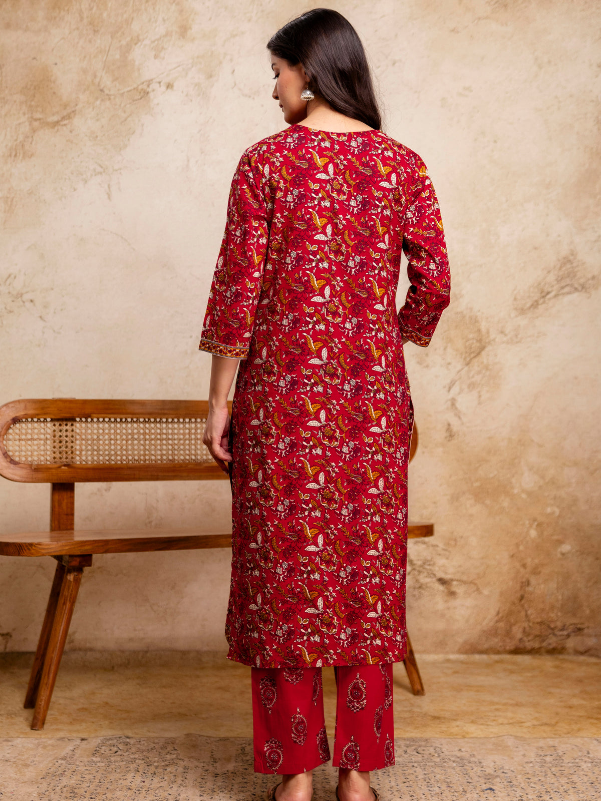Women Cherry Red Floral Cotton Kurta Pant Set with Printed Dupatta