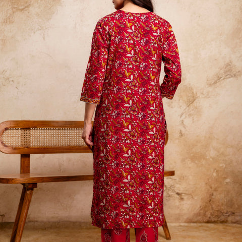 Women Cherry Red Floral Cotton Kurta Pant Set with Printed Dupatta