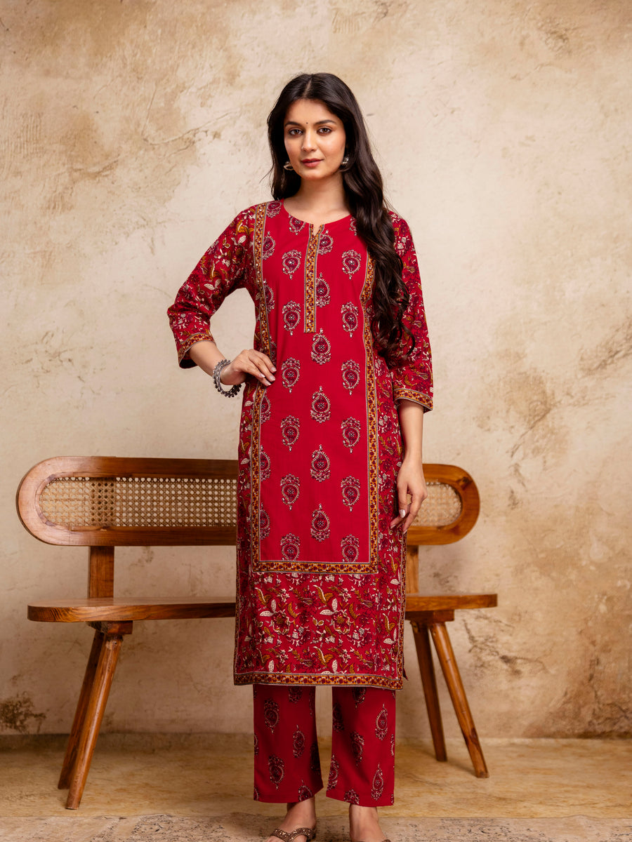 Women Cherry Red Floral Cotton Kurta Pant Set with Printed Dupatta
