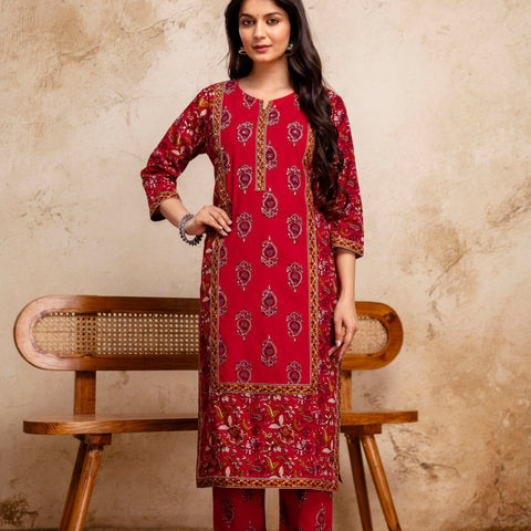 Women Cherry Red Floral Cotton Kurta Pant Set with Printed Dupatta