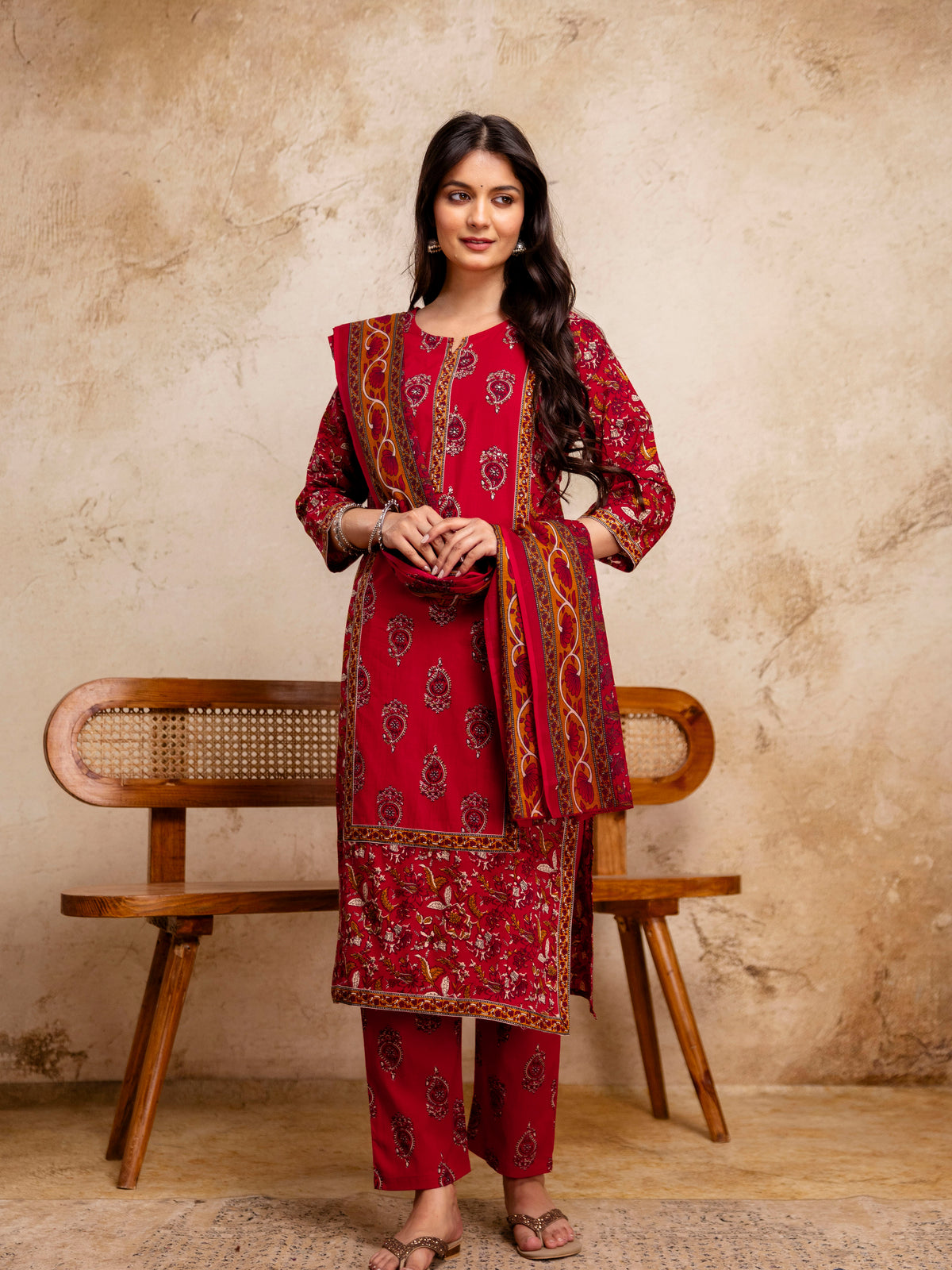Women Cherry Red Floral Cotton Kurta Pant Set with Printed Dupatta