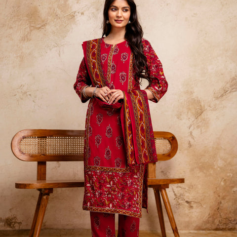 Women Cherry Red Floral Cotton Kurta Pant Set with Printed Dupatta