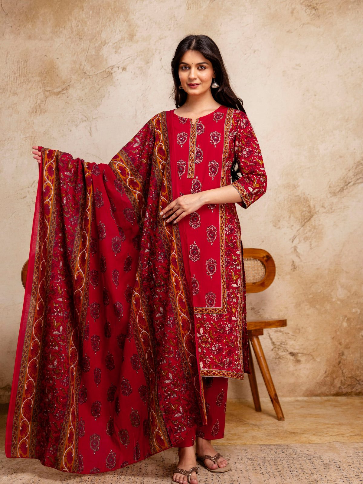 Women Cherry Red Floral Cotton Kurta Pant Set with Printed Dupatta