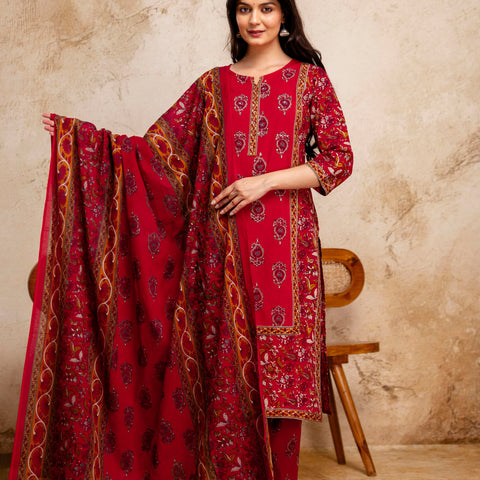 Women Cherry Red Floral Cotton Kurta Pant Set with Printed Dupatta