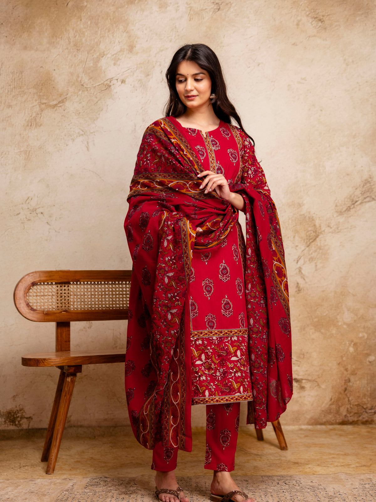 Women Cherry Red Floral Cotton Kurta Pant Set with Printed Dupatta
