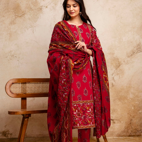 Women Cherry Red Floral Cotton Kurta Pant Set with Printed Dupatta