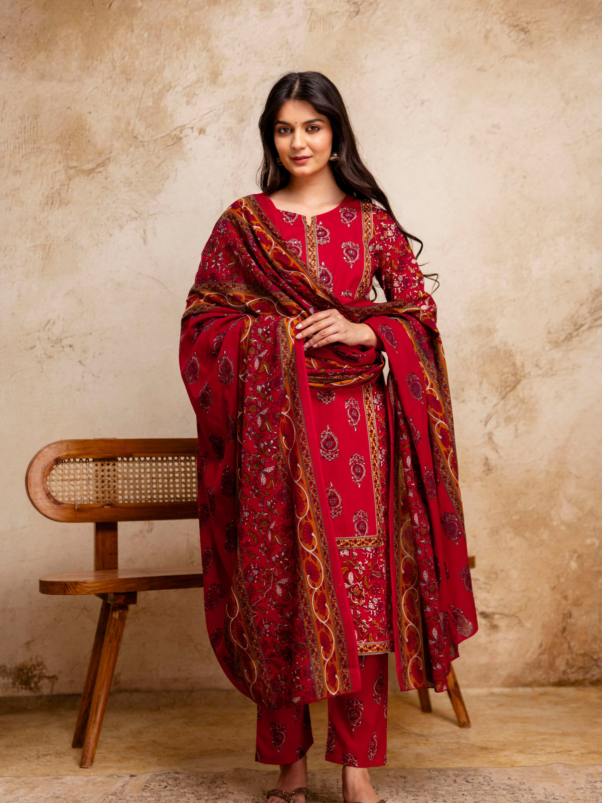 Women Cherry Red Floral Cotton Kurta Pant Set with Printed Dupatta